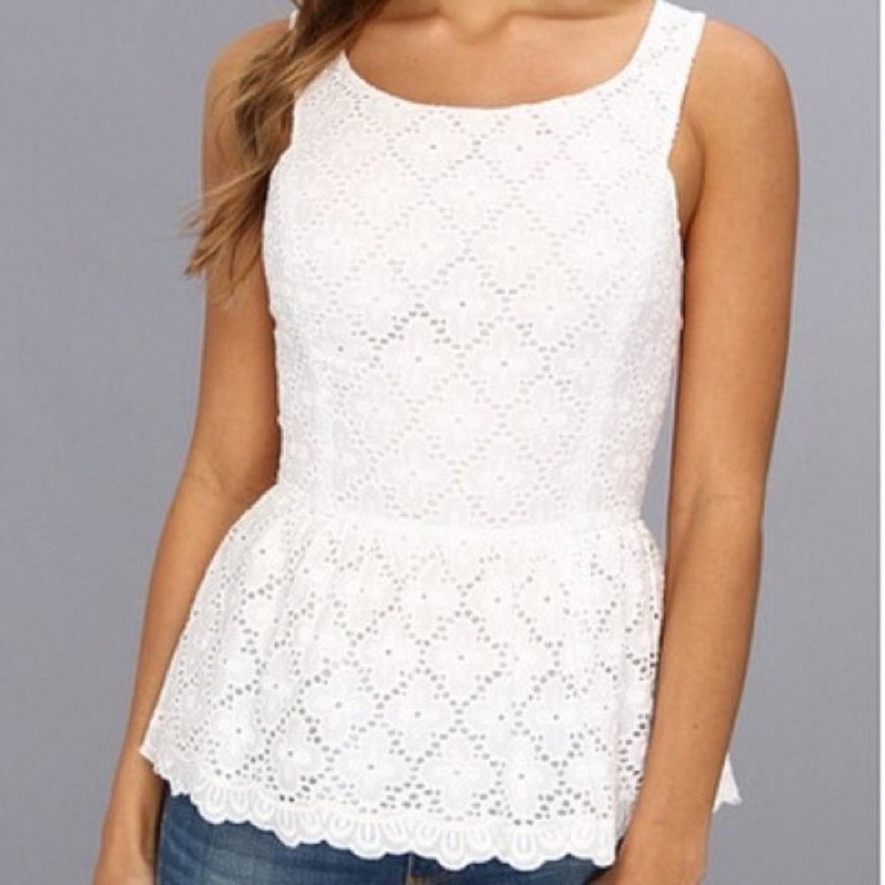 Lily Pulitzer Ashton Ruffled Peplum Sleeveless Blouse Eyelet Crochet in White
